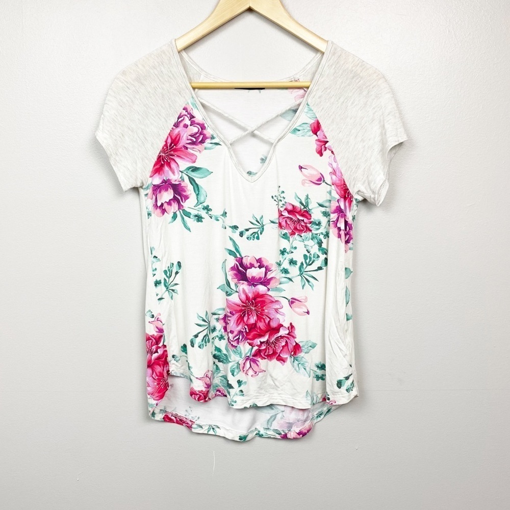 Pink Clover White Floral Criss Cross Top